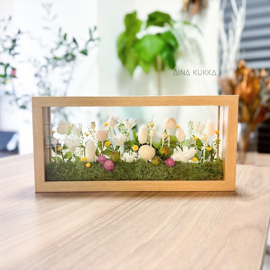 [ガラスフレームアレンジ/L]ナチュラルホワイトガーデン/ドライ・プリザーブドフラワー